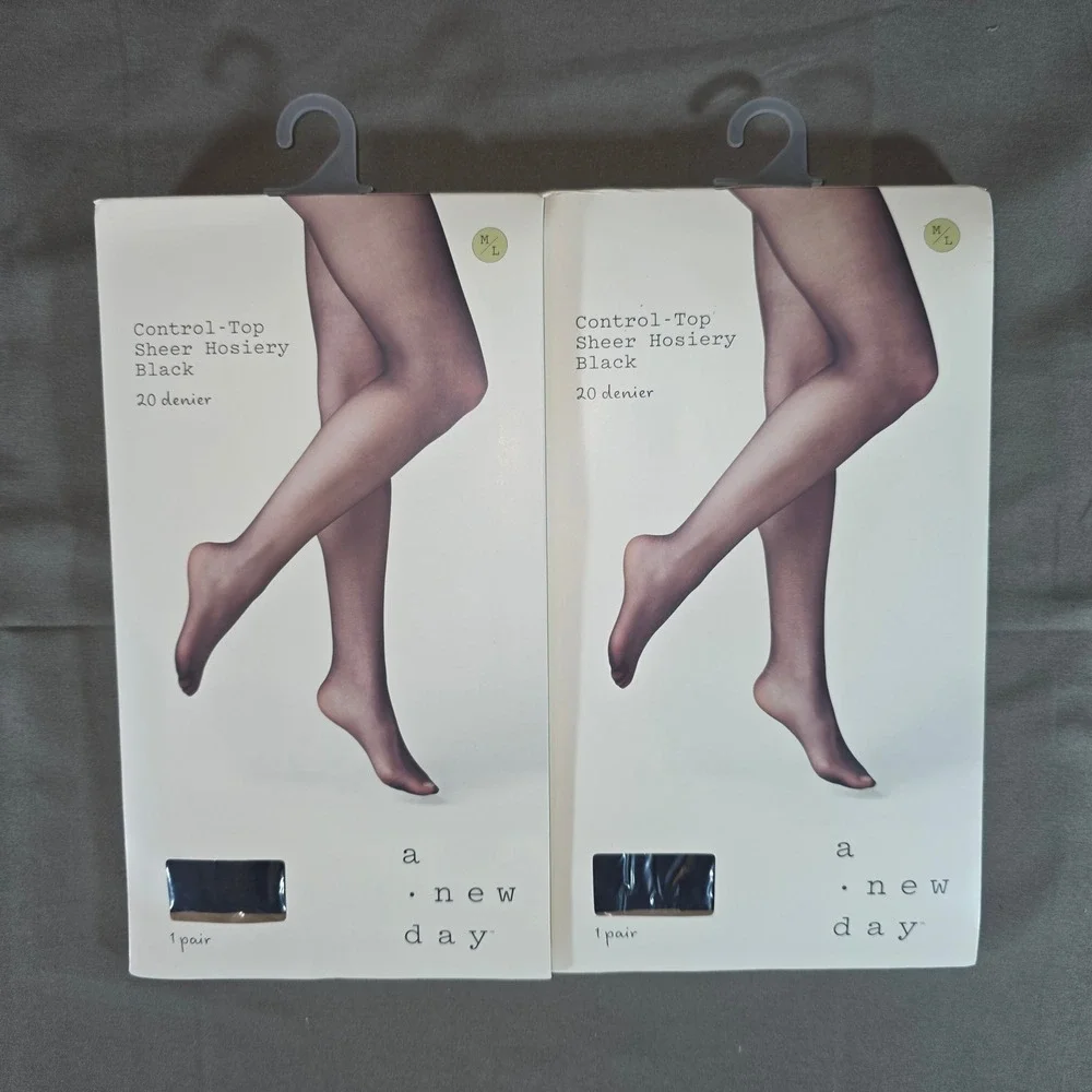 A New Day Womens Control Top Sheer Hosiery Black 20 Denier 2 Pairs M/L